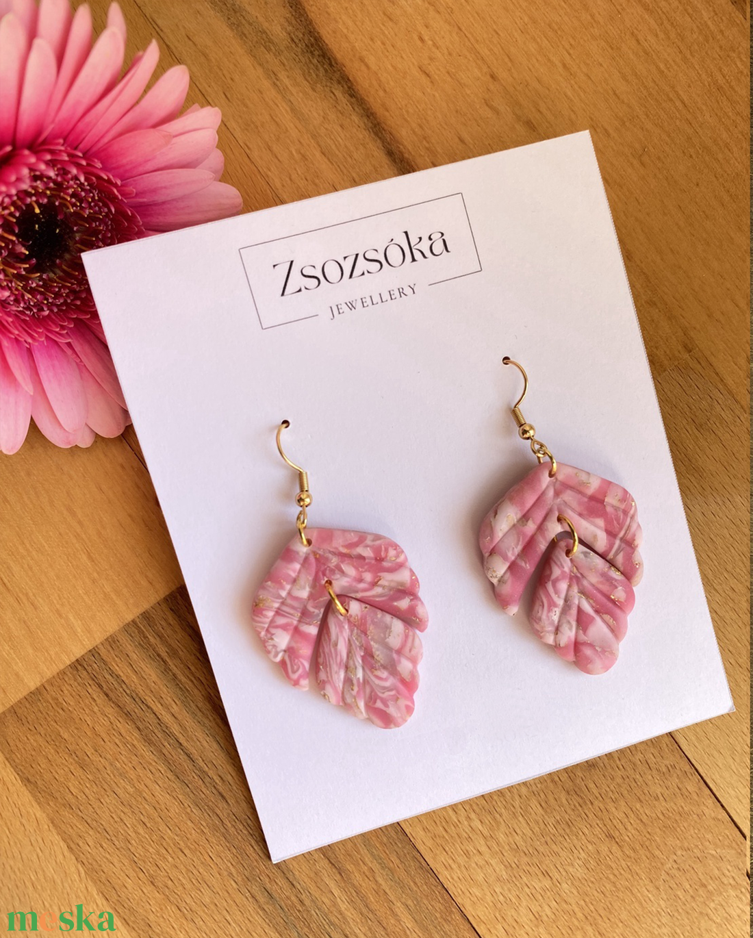 Pink Marble Leaves - ékszer - fülbevaló - lógó fülbevaló - Meska.hu
