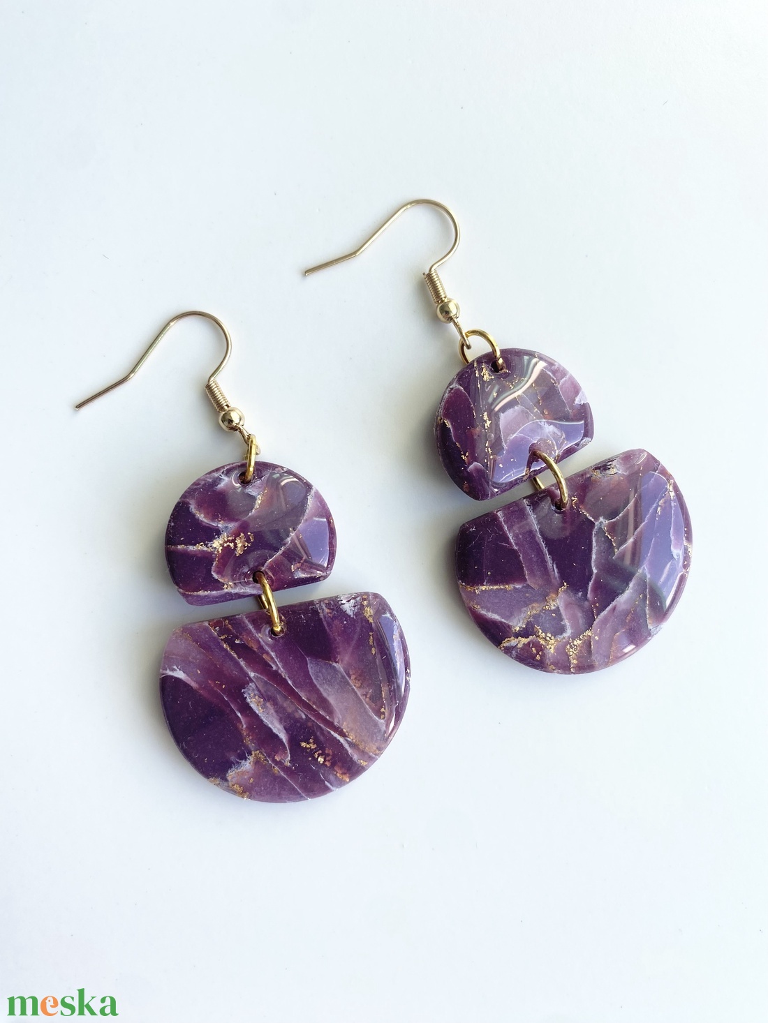 Deep Purple Marble Oval - ékszer - fülbevaló - lógó fülbevaló - Meska.hu