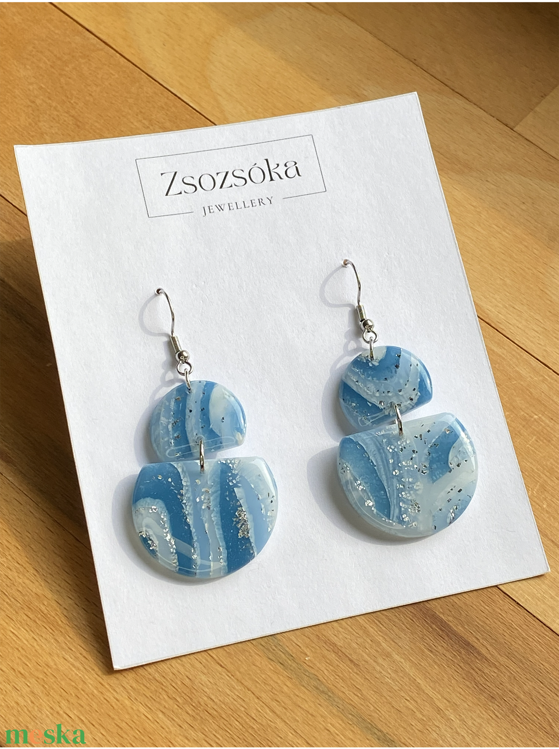 Blue and Silver Marble Geometric Fülbevaló - ékszer - fülbevaló - lógó fülbevaló - Meska.hu