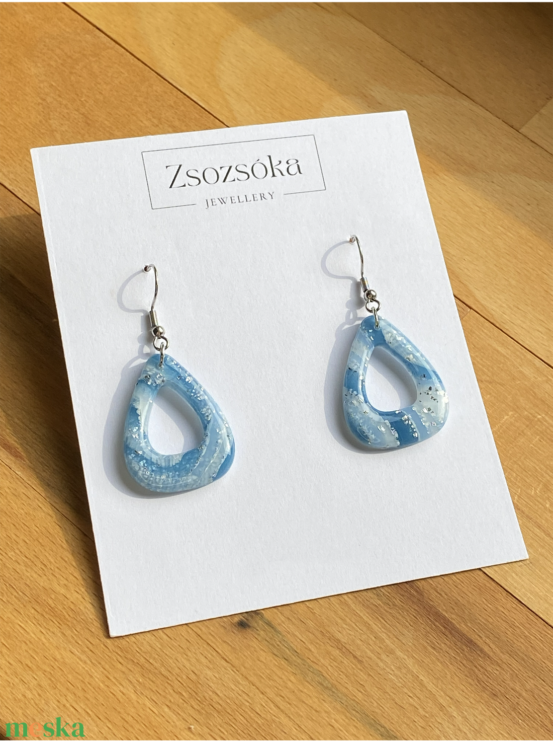 Blue and Silver Marble Teardrop Fülbevaló - ékszer - fülbevaló - lógó fülbevaló - Meska.hu