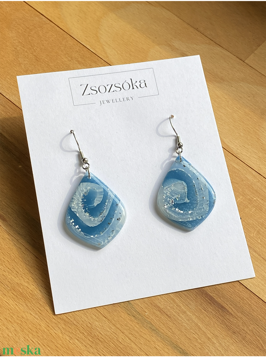 Blue and Silver Marble Teardrop Fülbevaló - ékszer - fülbevaló - lógó csepp fülbevaló - Meska.hu