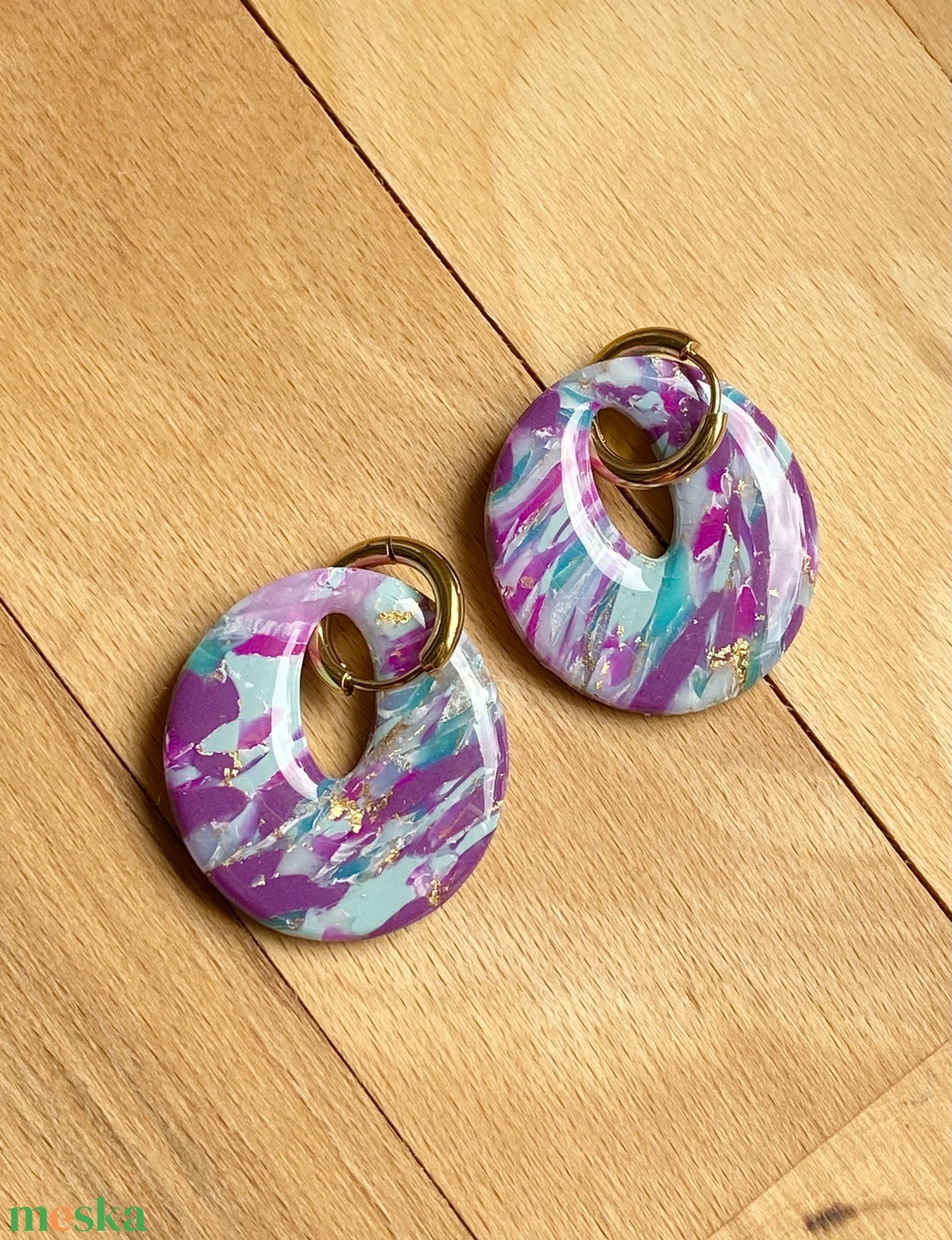 Purple Marble Oval Fülbevaló - ékszer - fülbevaló - lógó fülbevaló - Meska.hu