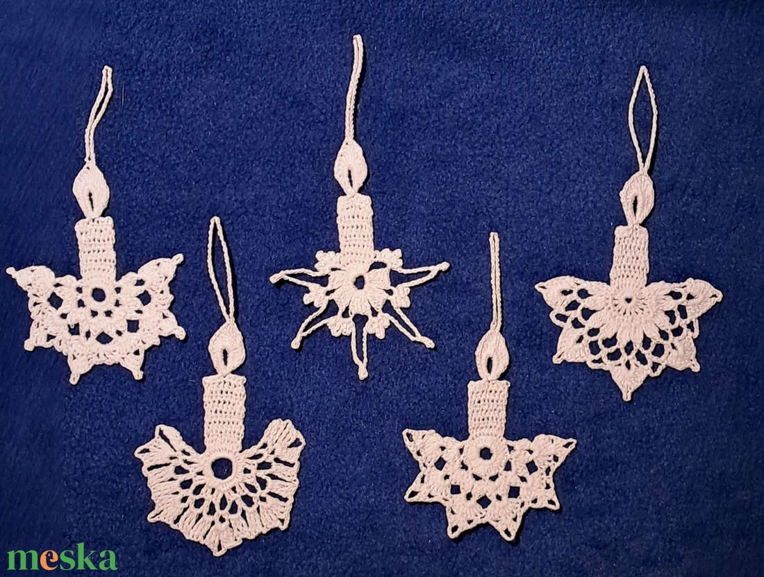 Karácsonyi  gyertya  horgolt fenyő dísz 5 db / garnitúra - karácsony - karácsonyi lakásdekoráció - karácsonyfadíszek - Meska.hu