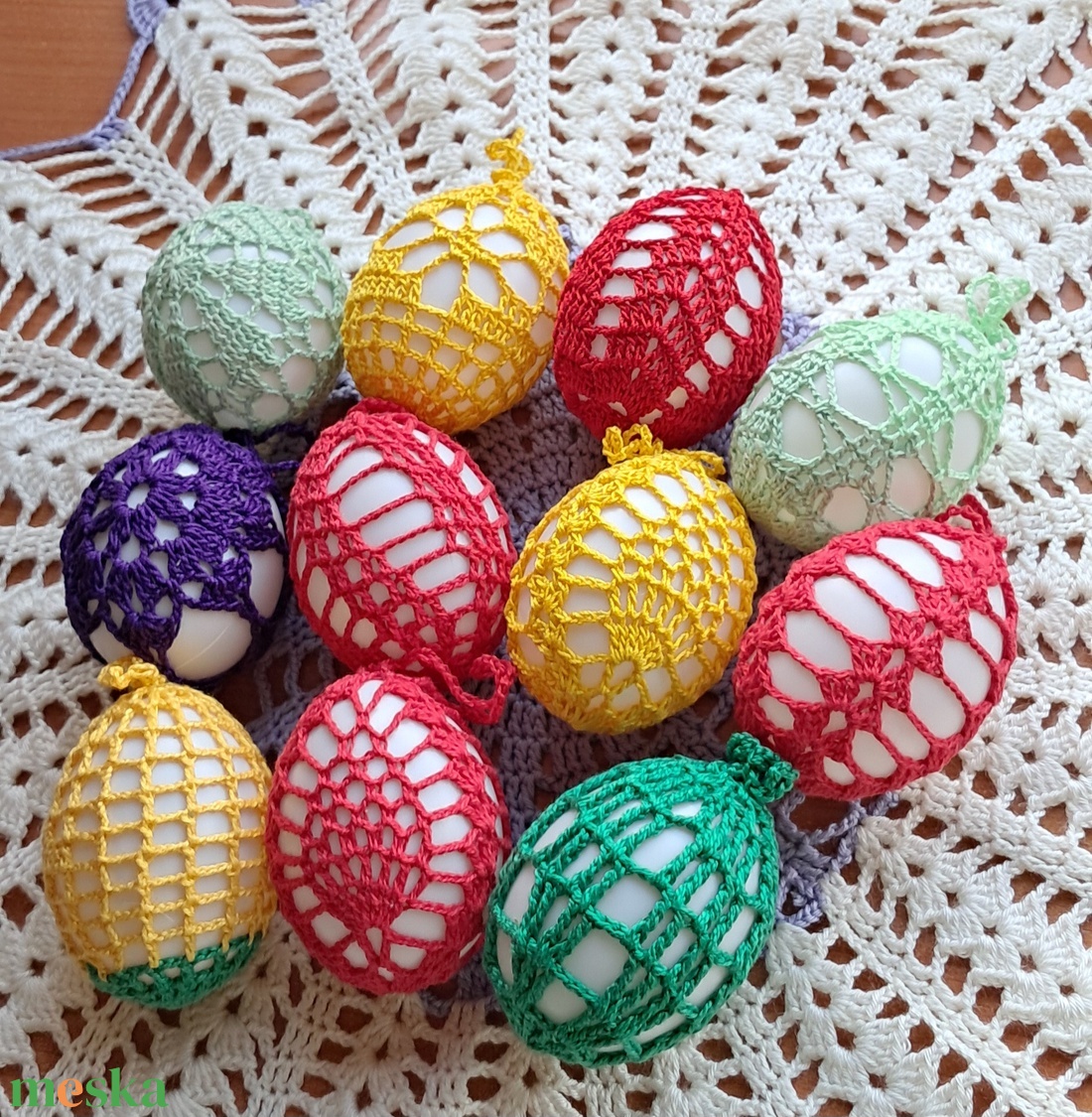 Húsvét horgolt tojás 6 cm 11 db egyben - ünnepi díszek, dekorációk - húsvéti díszek és dekorációk - húsvéti tojás, hímestojás - Meska.hu