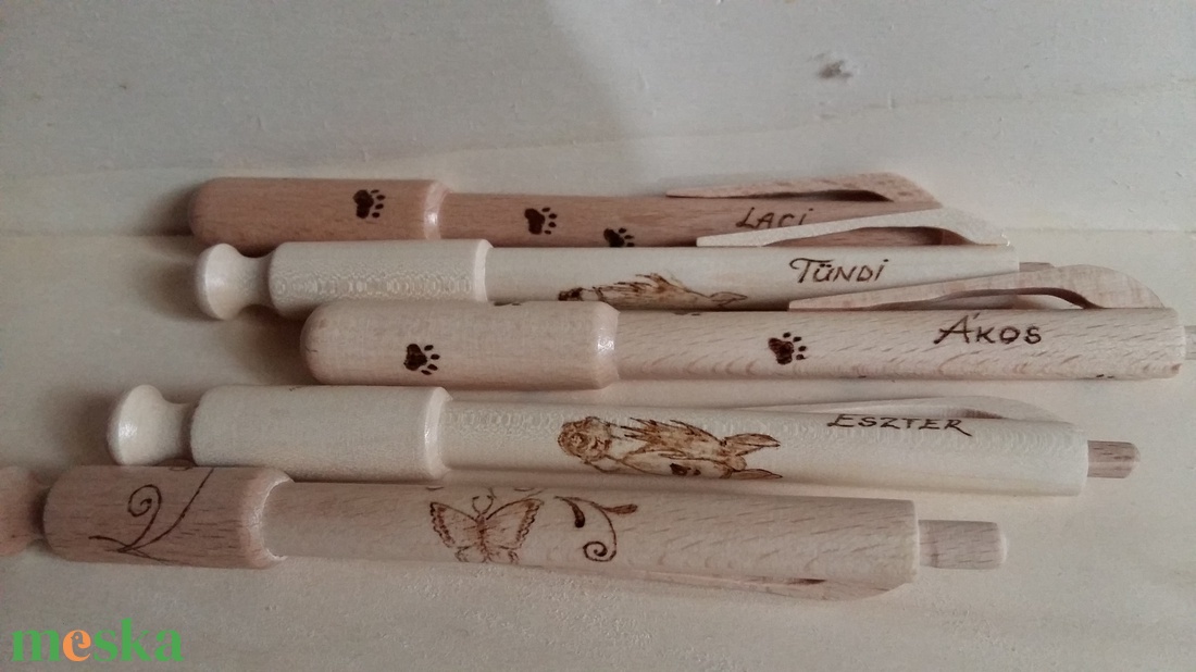 Személyre szóló, pirográf technikával díszített fa tollak - toll csomag 5 db-os - otthon & lakás - papír írószer - ceruza & toll - Meska.hu