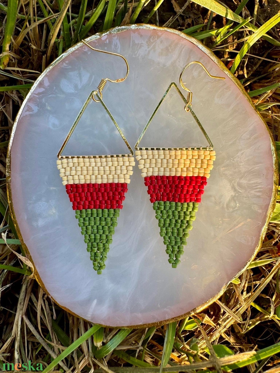 Zsuwel bézs-bordó-zöld RUMBA fülbevaló - ékszer - fülbevaló - lógó fülbevaló - Meska.hu