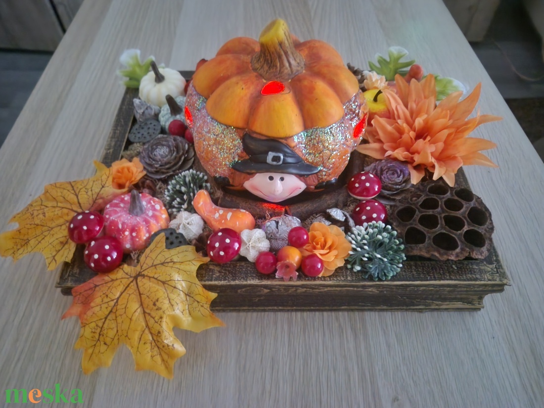 Őszi ládika világító tökkel - otthon & életmód - dekoráció - halloween - halloweeni asztaldísz - Meska.hu