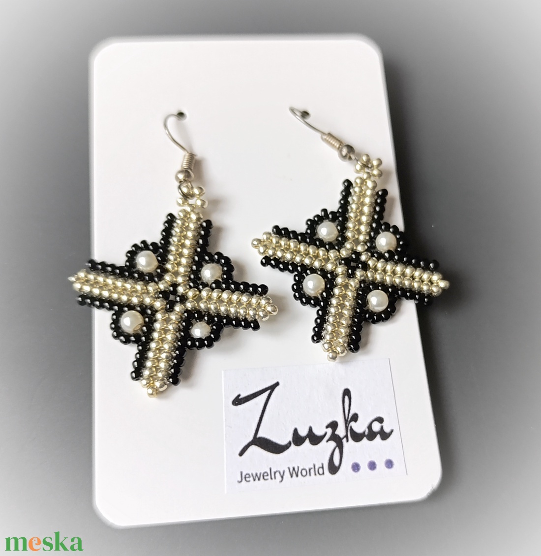 Fekete - ezüst füli - ékszer - fülbevaló - lógó fülbevaló - Meska.hu