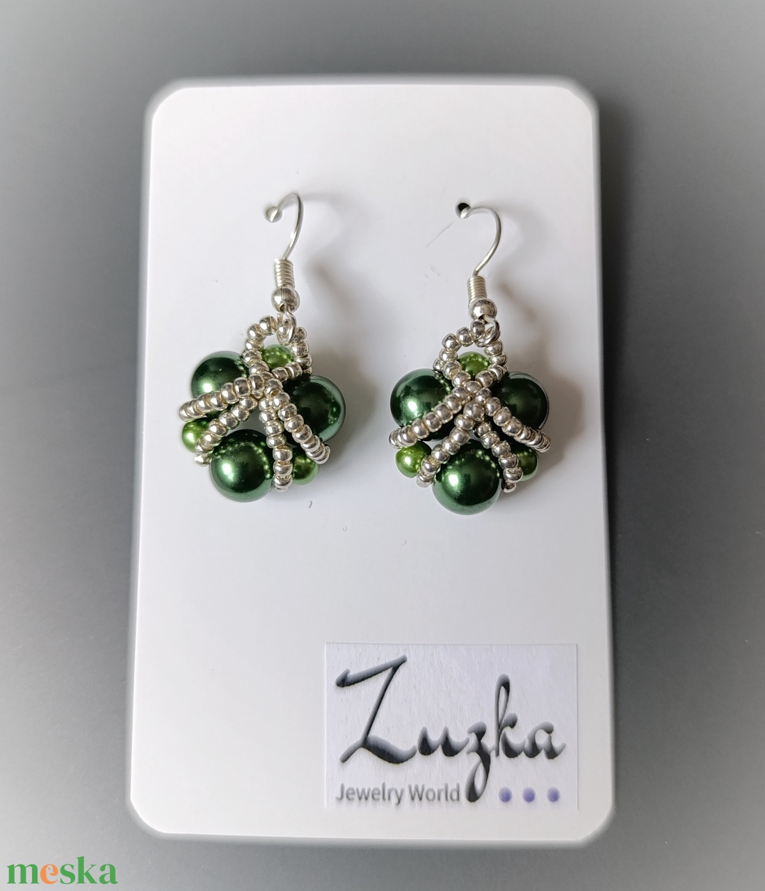 Zöld-ezüst gólyós füli - ékszer - fülbevaló - lógó fülbevaló - Meska.hu