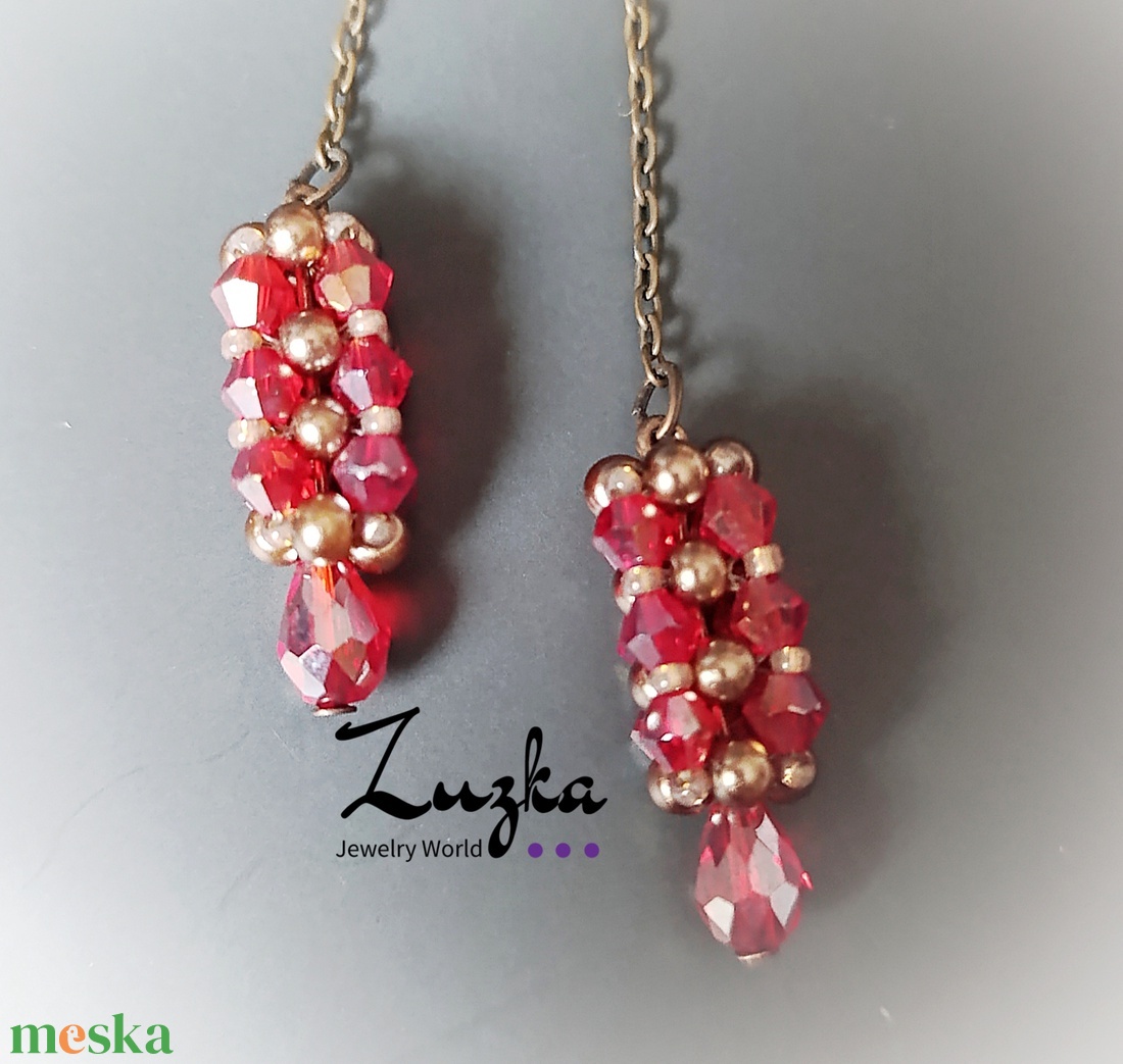 Piros-bronz lógós fülbevaló - ékszer - fülbevaló - lógó fülbevaló - Meska.hu