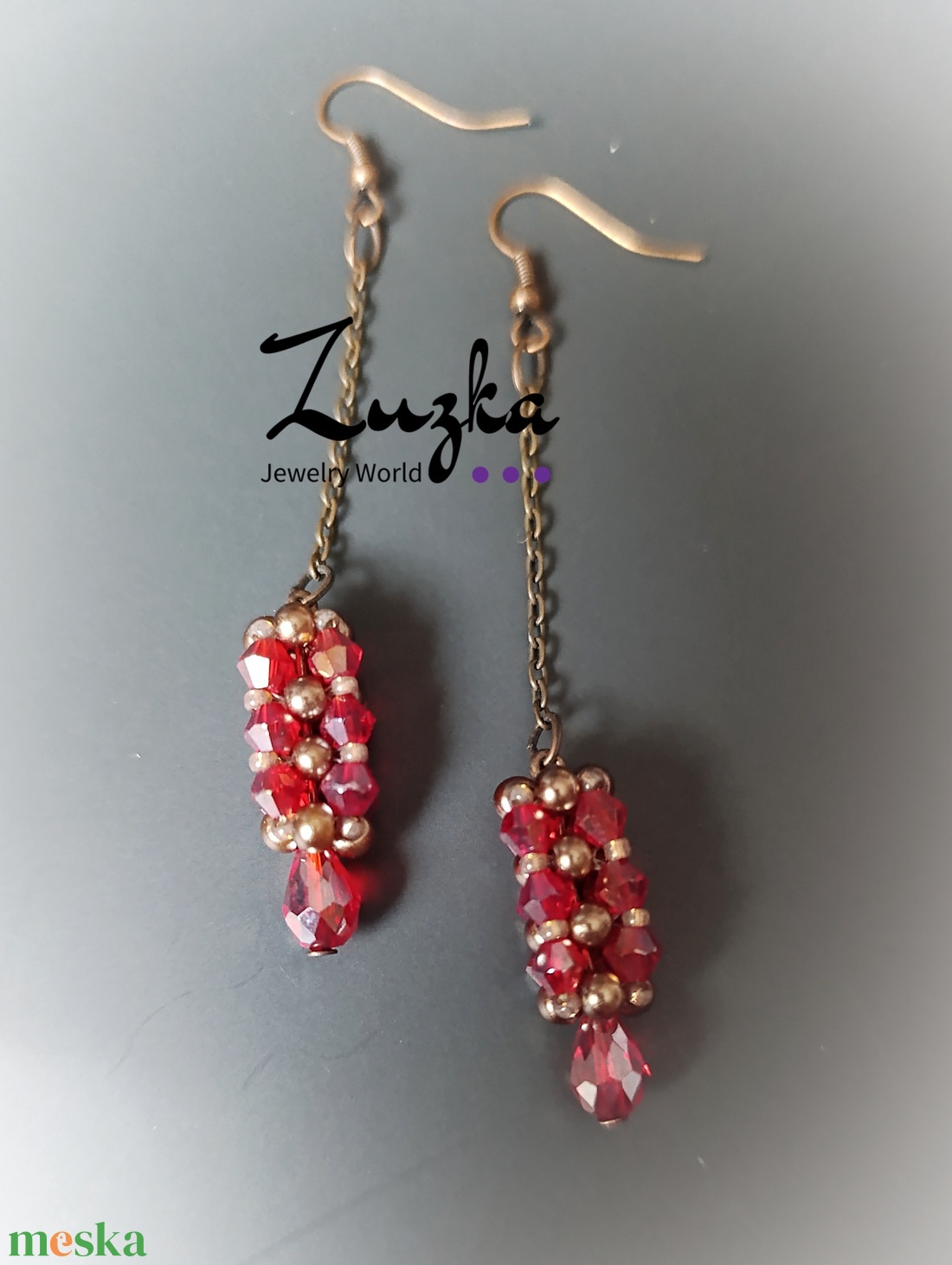 Piros-bronz lógós fülbevaló - ékszer - fülbevaló - lógó fülbevaló - Meska.hu