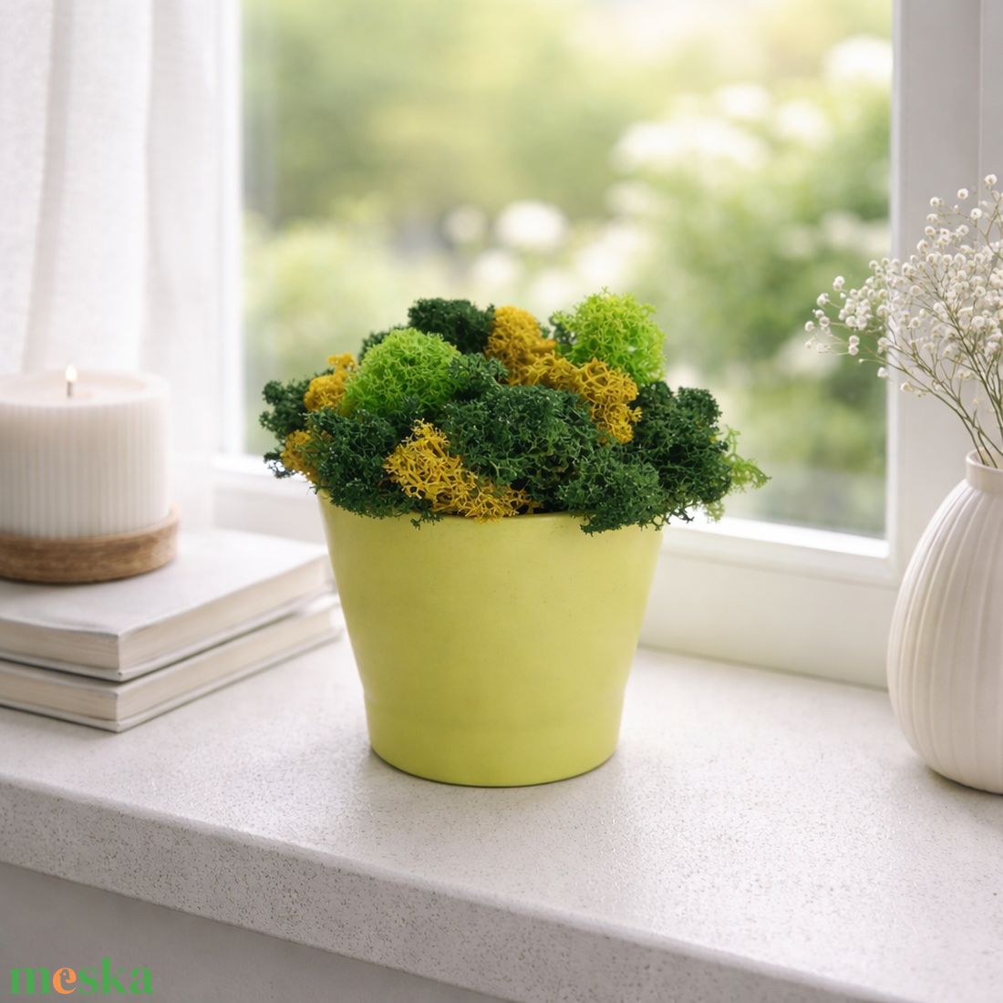 Vidám zöld kaspó többféle izlandi zuzmóval- zuzmókaspó, zuzmódísz, mohadekoráció - otthon & életmód - dekoráció - asztal és polc dekoráció - zuzmódekoráció, mohadekoráció - Meska.hu