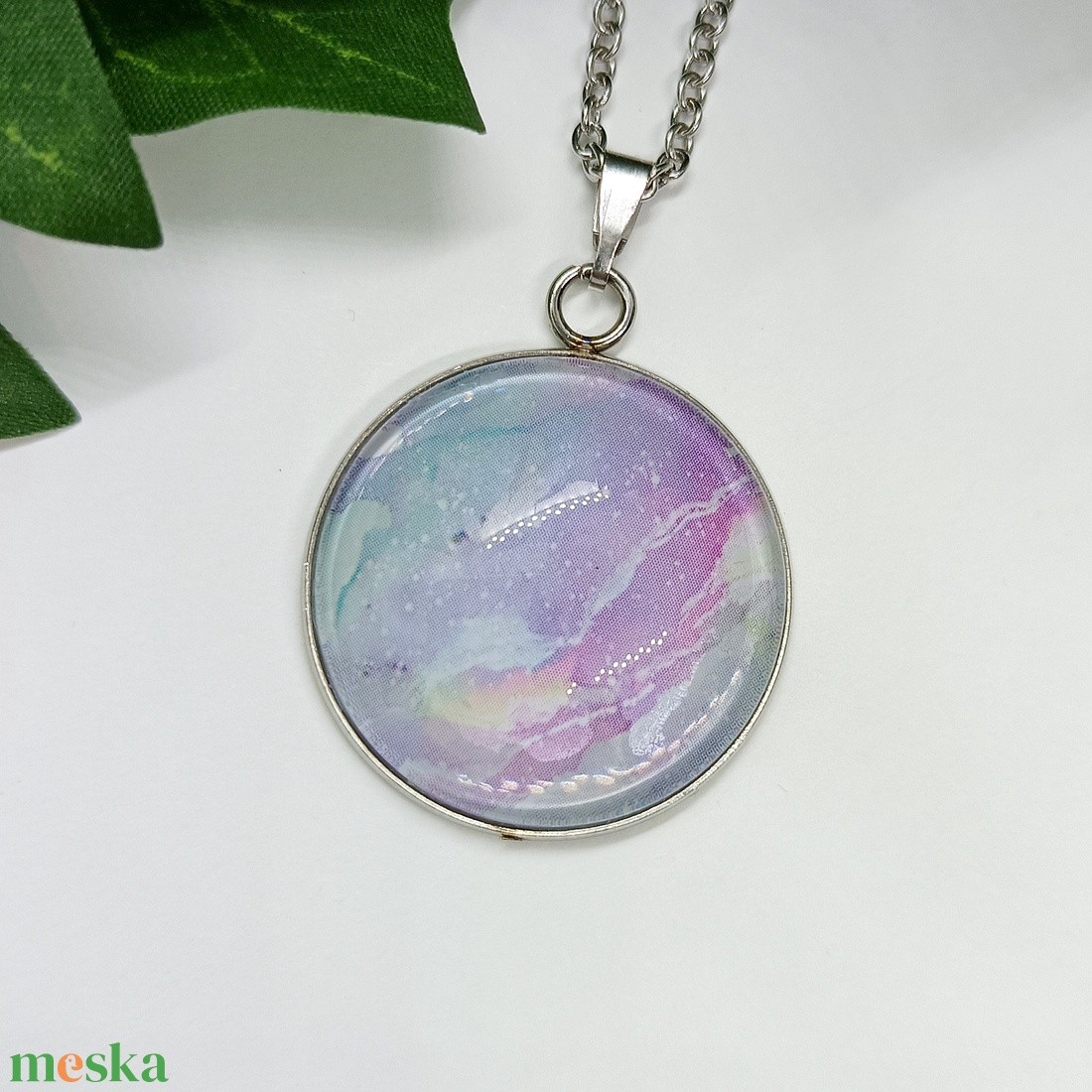 Kék és lila márvány mintás üveglencse medálos nemesacél nyaklánc - ékszer - nyaklánc - medálos nyaklánc - Meska.hu
