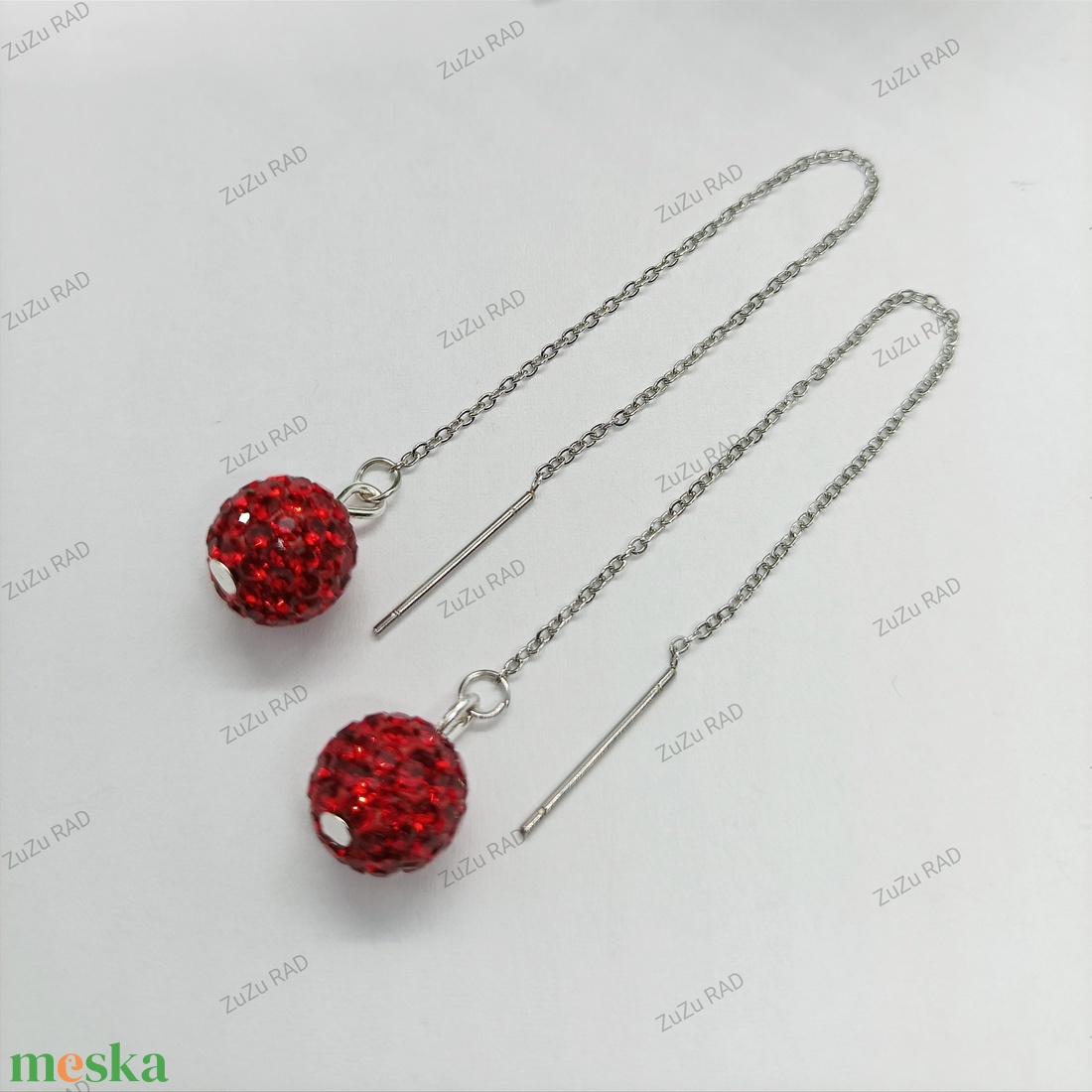 Piros Shamballa gyöngyös, lógós fülbevaló  - ékszer - fülbevaló - lógó fülbevaló - Meska.hu