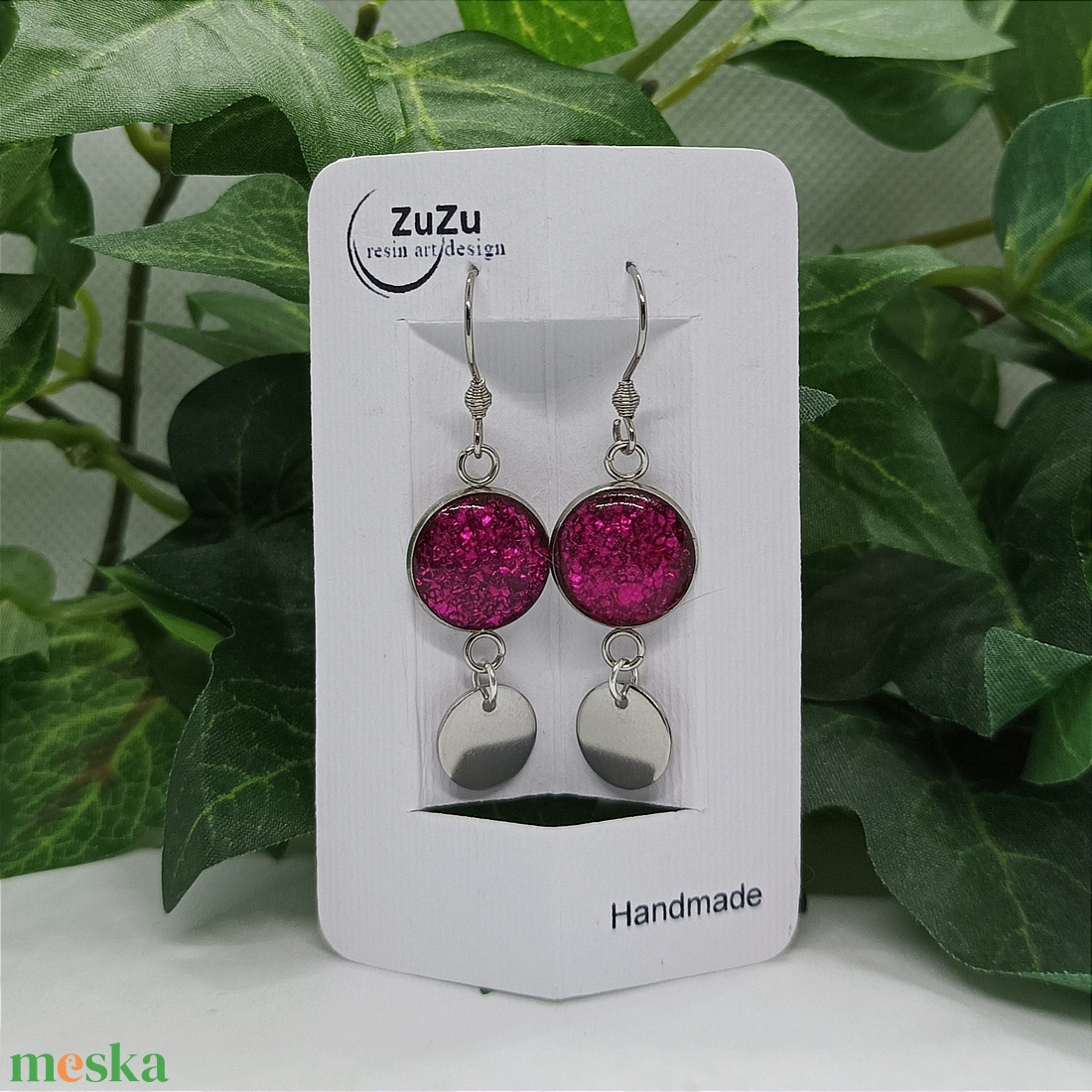 Magenta színű dupla medálos nemesacél lógós fülbevaló  - ékszer - fülbevaló - lógó fülbevaló - Meska.hu