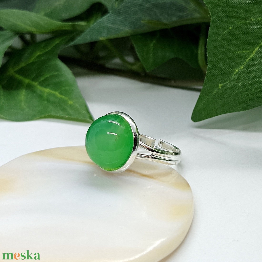 Zöld ónix achát ásvány kaboson gyűrű  - ékszer - gyűrű - statement gyűrű - Meska.hu