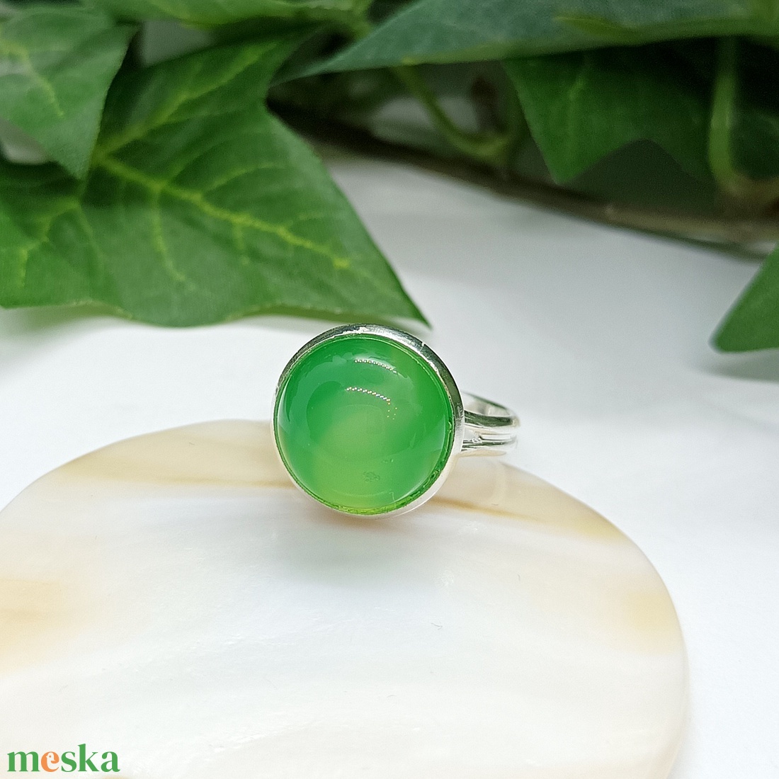 Zöld ónix achát ásvány kaboson gyűrű  - ékszer - gyűrű - statement gyűrű - Meska.hu