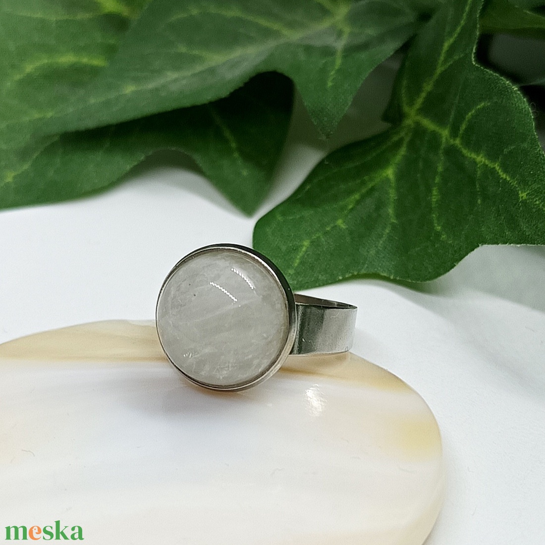 Hegyikristály ásvány kaboson nemesacél gyűrű  - ékszer - gyűrű - statement gyűrű - Meska.hu