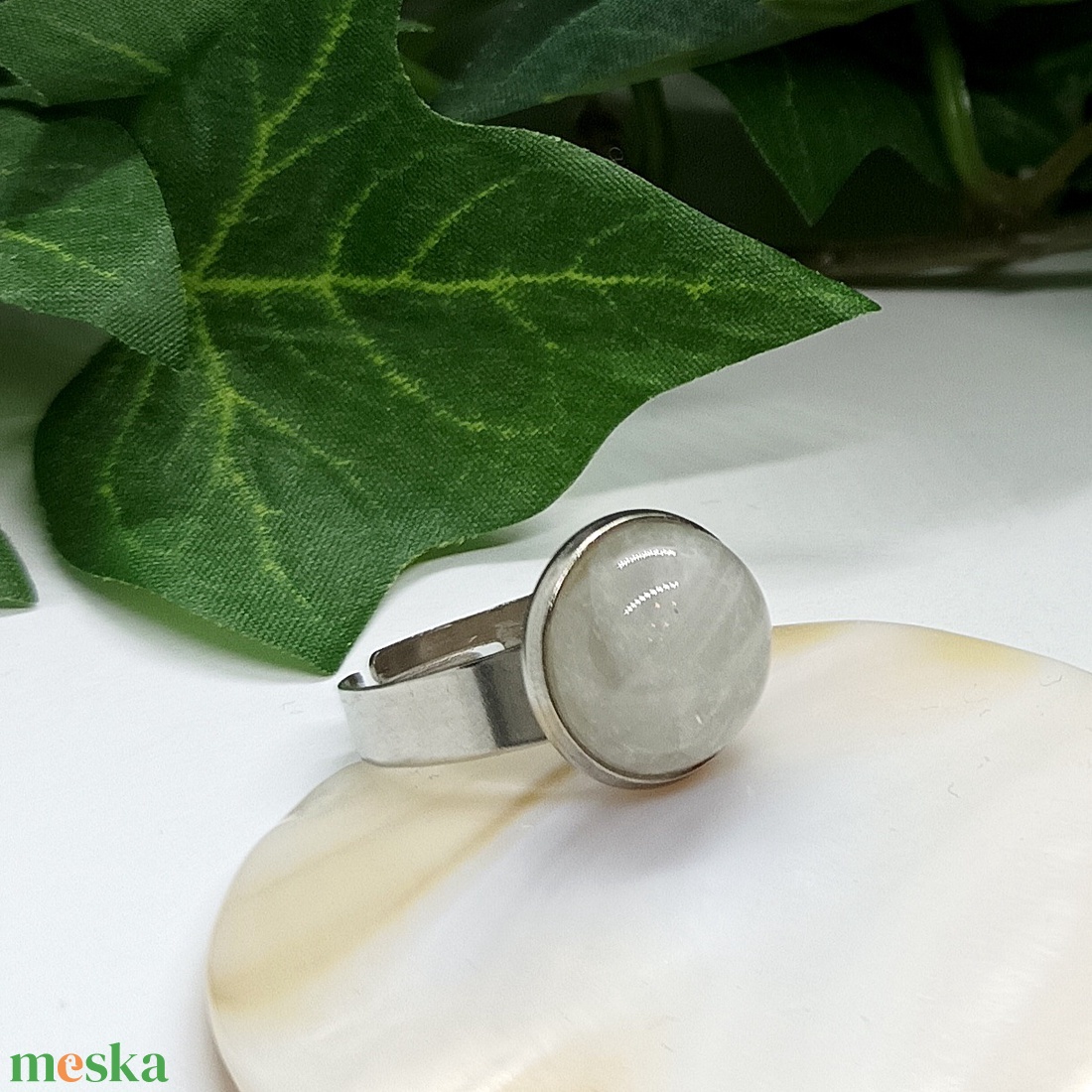 Hegyikristály ásvány kaboson nemesacél gyűrű  - ékszer - gyűrű - statement gyűrű - Meska.hu