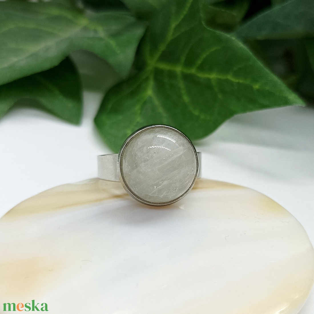 Hegyikristály ásvány kaboson nemesacél gyűrű  - ékszer - gyűrű - statement gyűrű - Meska.hu