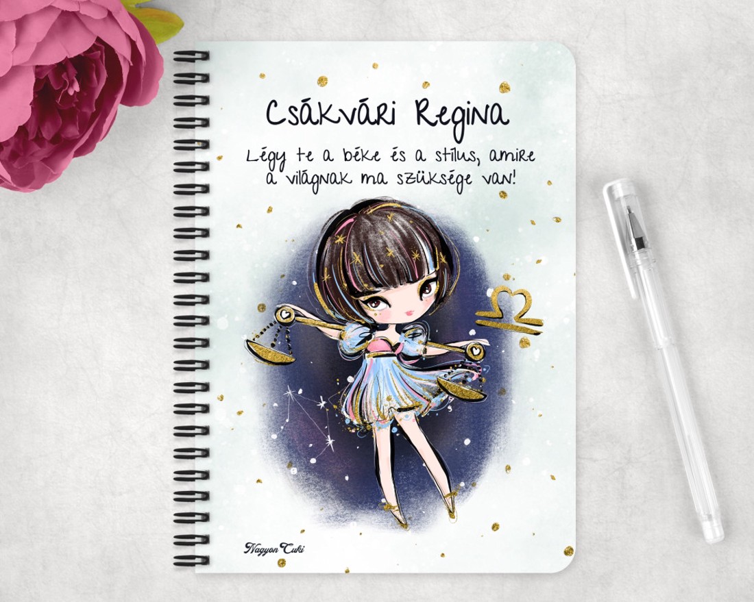Személyre szabható - Barna hajú Csini Mérleg lány mintás A5-ös füzet - otthon & életmód - papír, írószer - jegyzetfüzet & napló - Meska.hu