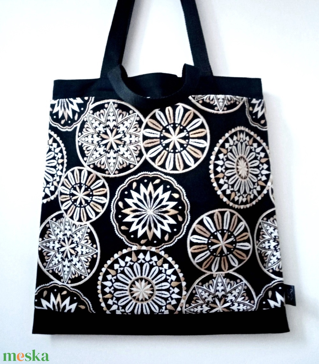 Bevásárlótáska, fekete, zsebes, rövid éd hosszú fül - táska & tok - bevásárlás & shopper táska - shopper, textiltáska, szatyor - Meska.hu