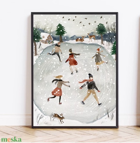 Korcsolyázó emberek, Téli, karácsonyi falikép, print, rajz- Meska.hu