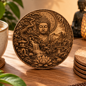 Zen poháralátét szett � 6 db lézergravírozott parafa alátét, Buddha és mandala mintákkal - otthon & életmód - konyhafelszerelés, tálalás - tálalás - tányér- és poháralátét - Meska.hu