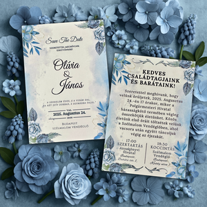 Kék Rózsás Esküvői Meghívó  Klasszikus és Elegáns Vintage Stílus, Esküvő, Meghívó & Kártya, Meghívó, Fotó, grafika, rajz, illusztráció, MESKA