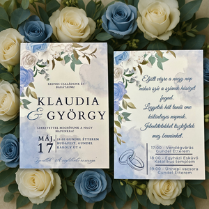 Kék rózsás akvarell esküvői meghívó elegáns stílusban, Esküvő, Meghívó & Kártya, Meghívó, Fotó, grafika, rajz, illusztráció, MESKA