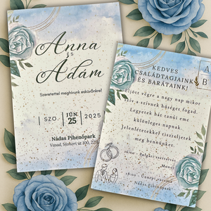 Kék rózsás esküvői meghívó arany pöttyökkel és pasztell háttéren - esküvő - meghívó & kártya - meghívó - Meska.hu