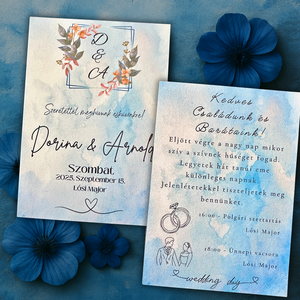 Pasztell akvarell esküvői meghívó narancs és kék virágos díszítéssel, kézműves rusztikus design természetes stílusban - esküvő - meghívó & kártya - meghívó - Meska.hu