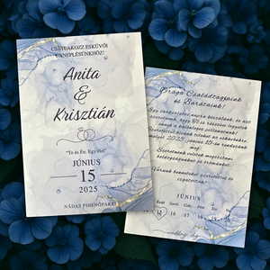 Pasztellkék akvarell esküvői meghívó arany motívumokkal, romantikus, minimalista, letisztult stílusban - esküvő - meghívó & kártya - meghívó - Meska.hu