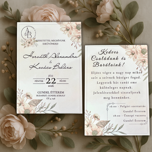 Bézs rózsás esküvői meghívó krémszín virágmintával, elegáns, letisztult designnal, Esküvő, Meghívó & Kártya, Meghívó, Fotó, grafika, rajz, illusztráció, MESKA