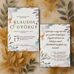 Barna és zöld levelekkel tűzdelt minimalista elegáns esküvői meghívó gyönyörű kidolgozással, Esküvő, Meghívó & Kártya, Meghívó, Fotó, grafika, rajz, illusztráció, MESKA