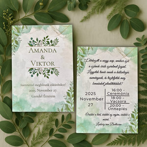 Greenery esküvői meghívó elegáns arany részletekkel és vízfestékes levélmintával - Meska.hu