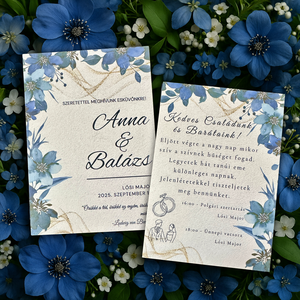 Kék arany esküvői meghívó elegáns virágmintával, vintage hatással - esküvő - meghívó & kártya - meghívó - Meska.hu