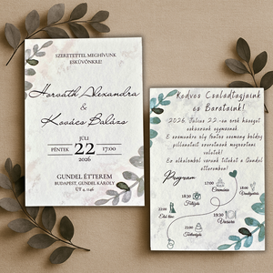 Letisztult esküvői meghívó eukaliptusz levelekkel, zöld akvarell mintával, elegáns arany kerettel - esküvő - meghívó & kártya - meghívó - Meska.hu