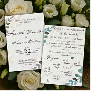 Letisztult esküvői meghívó eukaliptusz levelekkel, zöld akvarell mintával, elegáns arany kerettel - esküvő - meghívó & kártya - meghívó - Meska.hu