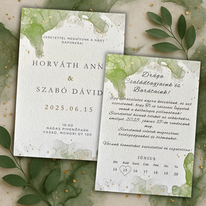 Zöld akvarell mintás, arany pöttyös elegáns esküvői meghívó, modern stílusú, természetközeli, virágos dizájnnal - esküvő - meghívó & kártya - meghívó - Meska.hu