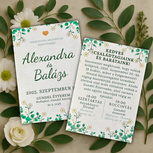 Zöld levélmintás esküvői meghívó vintage virágdíszítéssel  természetközeli romantikus design - esküvő - meghívó & kártya - meghívó - Meska.hu