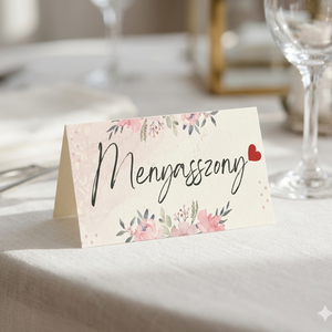 Rózsaszín virágos esküvői névkártya vízfestékes romantikus designnal és pöttyös díszítéssel - Meska.hu