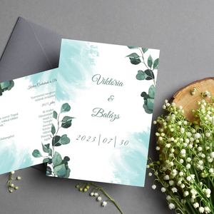 Kék , zöld leveles; eukaliptusz/greenery esküvői meghívó,többféle grafikával és kivitelben  - Meska.hu