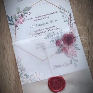 Pausz papirba hajtogatott esküvői meghívó, egyedi grafikával , viaszpecséttel zárva,A5 - esküvő - meghívó & kártya - meghívó - Meska.hu