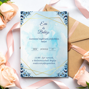 Kék virágos ,arany kerettel esküvői meghívó, Esküvő, Meghívó & Kártya, Meghívó, Fotó, grafika, rajz, illusztráció, MESKA