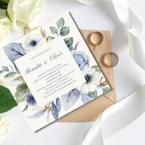 Négyzet alakú ,szimpla vagy nyitható esküvői meghívó kék,beige virág kerettel  - Meska.hu