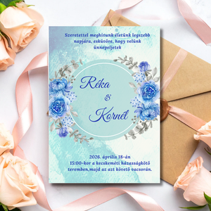 Kék virág keretes esküvői meghívó - Meska.hu