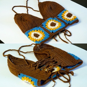 Napraforgós horgolt top, Fűzős horgolt nyári felső, Virágos horgolt croptop - ruha & divat - női ruha - top - Meska.hu