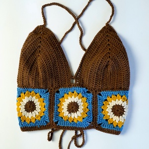 Napraforgós horgolt top, Fűzős horgolt nyári felső, Virágos horgolt croptop - Meska.hu