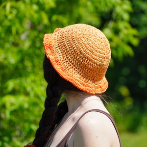 Horgolt kalap, bucket hat, halászsapka, strand kalap, narancssárga organikus pamut fonalból - Meska.hu